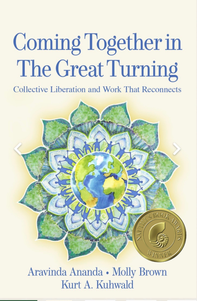 the image is of the book cover Coming Together in the Great Turning featuring the Gold Nautilus seal